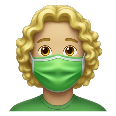 A man with a long and blonde curly hair warning a green mask sticker