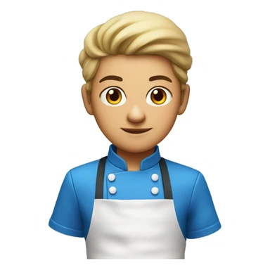 A cool looking young chef with a cap, and apron, blue clothes, Chef's hair tied back with an hair band sticker