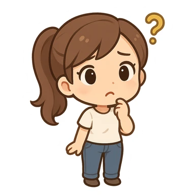 small cartoon woman with a ponytail, dressed in a white t-shirt and jeans, looking confused sticker