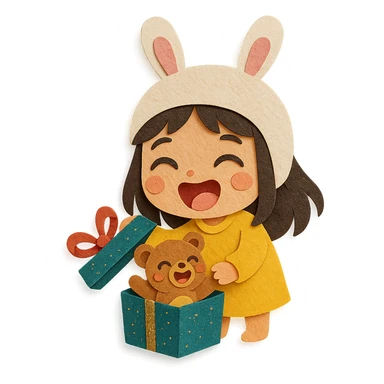 laughing chibi cute girl with a bunny hat unwrapping a magical glitter gift box with a small laughing teddy bear inside the gift box, full body, clean and polished, no imperfections, paper-craft style sticker