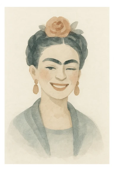 Frida Kahlo souriante qui fait un clin d'œil, style aquarelle artistique, ambiance joyeuse, fond doux sticker