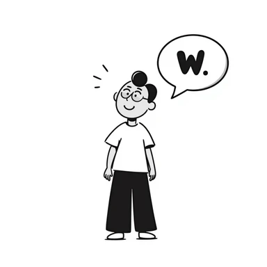 smiling Hispanic boy with black buzzcut, no facial hair, speech bubble with 'W' sticker