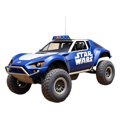 Star Wars storm trooper’s evil darkly night blue Dirty and dented Local Motors Rally Fighter off road race car hot rod meets 2013 Toyota 86 trophy truck-style basher flying on a dusty road (silver wheels) sticker