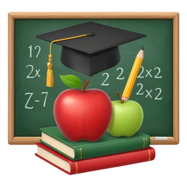 An icon featuring a chalkboard with educational equations, an apple, and a pencil, symbolizing pedagogy. The design includes a stack of books and a graduation cap, representing teaching and learning. Transparent background highlights the dedication to education and mentorship. sticker