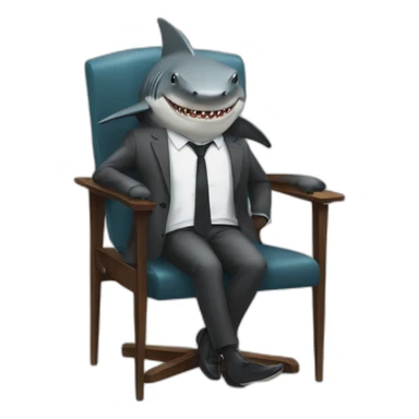 A shark sitting on a chair wearing a suit looking straight sticker