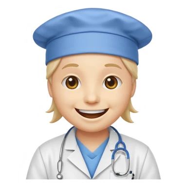 iPhone emoji style smiley face with a huge, exaggerated grin, in a white lab coat and blue surgical cap sticker