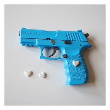 photorealistic blue pistol with a pearl handle, no heart shapes or motifs, on a white background sticker
