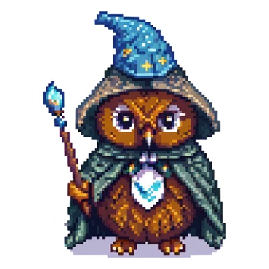 cute pixel owl dressed as a wizard with a starry hat and cloak big eyes holding a tiny wand 8-bit style sticker