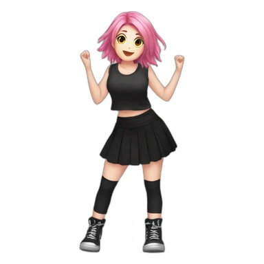 Full body Front view curvy emo girl pink hair sits on the floor straight view hands up black skirt белые трусики sticker