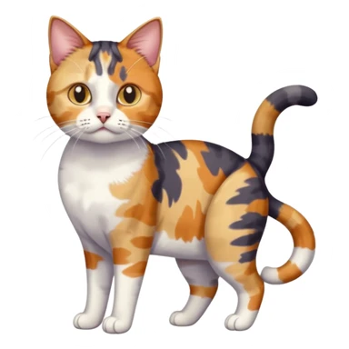 full body anxious looking colourful patchy calico tabby cat with tiny head to large body with fully white front legs sticker