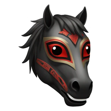 Black mask of a smiling horse with red eyes in front with a tribal style sticker