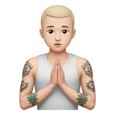 A 20 year old white man with a buzz cut and tattoos all over his arms and chest. Pleading face with hands praying wearing a white tanktop sticker