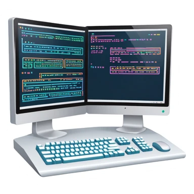 An icon featuring two large monitors filled with colorful code lines, symbolizing programming. The design includes a keyboard, terminal windows, and flowcharts in the background, representing software development, logic, and debugging. Transparent background sticker