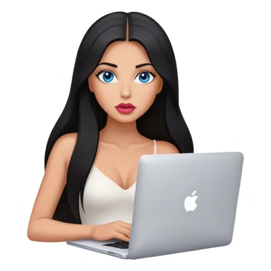 Glamours tanned very beautiful girl with pump rose-nude lips and black straight smooth long hair, blue eyes, with MacBook  sticker