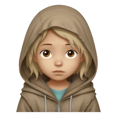 Young beggar little girl character, chest-up portrait, wearing worn and oversized clothes, hair is visible, neutral earth-tone fabric, slightly messy hair peeking from under a hood, tired but gentle eyes, subtle dirt marks on face, sticker