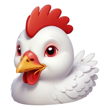 Cinematic Cute White Chicken Portrait Emoji, Head tilted playfully and inquisitively, featuring smooth, immaculate white feathers and a delicate red comb, round, sparkling beady eyes filled with curiosity, Simplified yet irresistibly adorable features, highly detailed, glowing with a warm, friendly glow, high shine, affectionate and lively, stylized with a touch of farmyard whimsy, bright and endearing, soft glowing outline, capturing the essence of a mischievous yet loving chicken, so playful it feels like it could peck out of the screen and into your arms! sticker