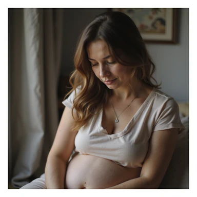 Donna con PCOS che abbraccia una persona cara, espressione di gioia e sollievo per il ritorno del ciclo mestruale, ambiente domestico, dettagli iperrealistici 4K, verticale 9:16. sticker