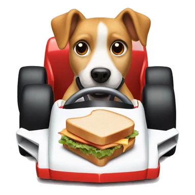 Dog eating a sandwich and driving a f1 car sticker