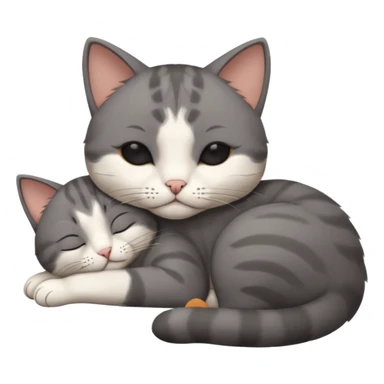 dark grey and white small cat with his eyes closed, leaning his head on his paw while leaning on his elbow lying down sticker