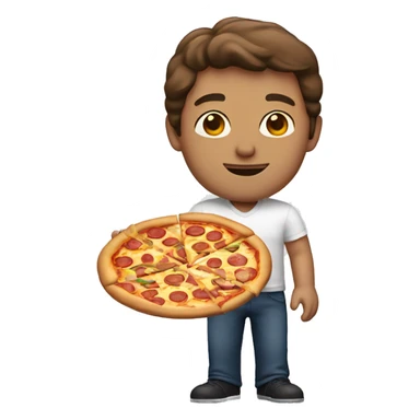 Man with brown hair holding pizza sticker