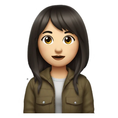 Make an emoji girl with dark hair and bangs on the side with arrows on her eyes holds a microphone of the TV channel «Russia -1» sticker