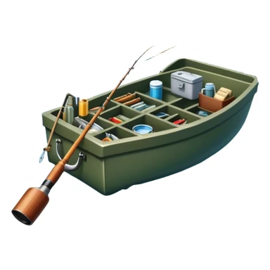 Icon for Fishing: a boat on the shore of a peaceful water body with a beautiful natural landscape, a fishing tackle box, a spinning rod. The icon should capture the tranquility and gear of a fishing adventure. Without frame. Transparent background. sticker