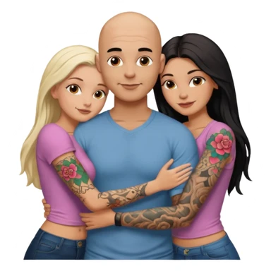throuple tattooed sleeves bbald male with topless naked big boobed brunette and topless naked big boobed blonde girlfriends  loving  and sexy polygamy sticker