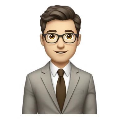 Pale skinned fit man with dark brown hair in gray jacket, beige office shirt, brown tie, brown pants and vintage glasses Writing on the tablet sticker