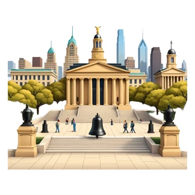 cinematic realistic emoji of Philadelphia with wide city view featuring iconic landmarks Liberty Bell Independence Hall Philadelphia Museum of Art Rocky Steps city skyline lifelike detail accurate colors bright daytime lighting no sky no clouds transparent background sticker