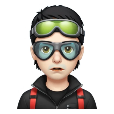 Zombie Emoji AppleIOS Style, lowfade Black Hair, Ski Goggles on right slide of The Head, and Black T-shirt sticker
