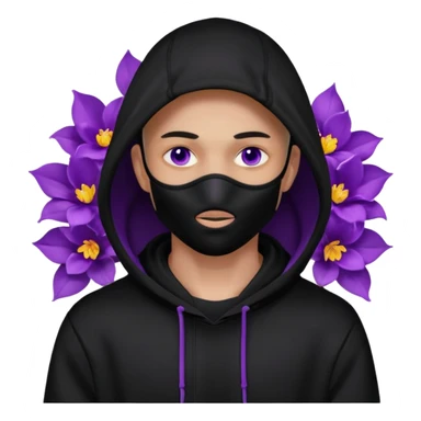 no visible face non human cartoon character related to a shadow, with all black clothes, focusing a black hoodie, and a versace face mask covering his entire face, just his purple shadow eyes making a light bloom sticker