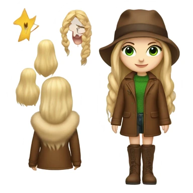 Realistic White girl with Long straight blonde hair, green eyes, tattoos, full body wearing Brown fur coat and fur hat and Brown leather boots sticker