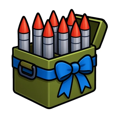 A big long military box filled with long war rockets with a blue ribbon, emoji style sticker
