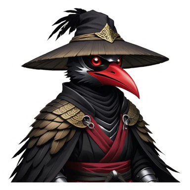 A fierce Kenku samurai with sleek black feathers, piercing crimson eyes glowing under the shadow of his straw hat. His sharp beak is partially covered by a black cloth mask, adding to his air of mystery. He wears layered black and crimson armor, intricate silver engravings etched into the metal plates. A long, tattered cloak billows behind him, worn from countless battles. His clawed hands grip the hilt of a curved katana, its polished blade reflecting the moonlight. Wisps of mist swirl around his taloned feet as he stands motionless sticker