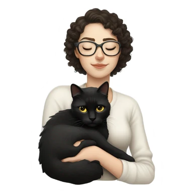 Pale white young woman with dark curly hair with glasses sleeping with black cat sticker