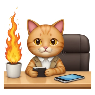 Apple-style emoji illustration of a cute cat character calmly sitting at an office desk, holding a smartphone and looking relaxed, while the office behind is subtly on fire. sticker
