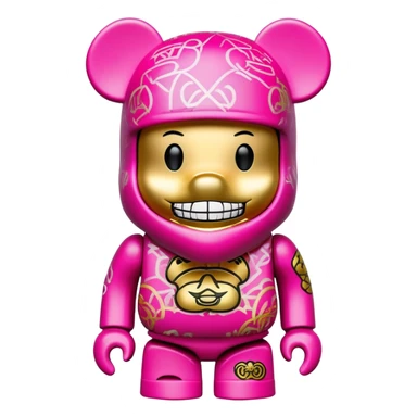 bearbrick toy figure wearing a bright pink balaclava with big pouty lips and gold grillz teeth visible, decorated with luxury brand logos and graffiti style patterns on its body sticker