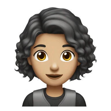 Girl with a wolf cut hair with a laptop smiling black hair white skin tone brown color of eyes tired look but smiling with just lips sticker