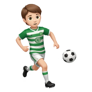 Celtic footballer jersey logo  6 years old brown hair white boy , brown eyes , stripes uniform , RUNNING  with soccer ball # 17 celtic football logo  ONE CELTIC LOGO ONLY white shorts sticker