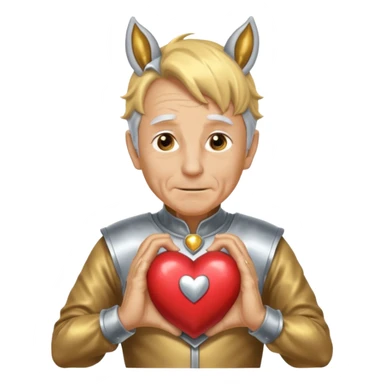 An elderly man with golden skin, his body shining like polished metal, wearing a horse cosplay costume with horse ears and a tail. He is making a heart shape with his hands and blushing slightly, showing a shy and embarrassed expression. sticker