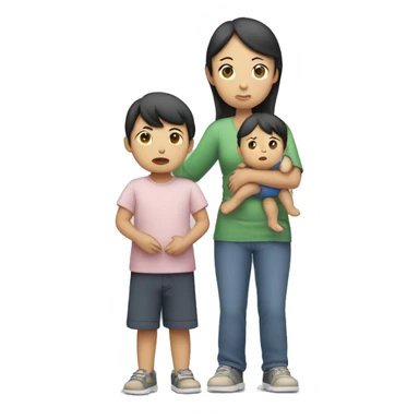 asian sad mum holding two kids, full body standing sticker