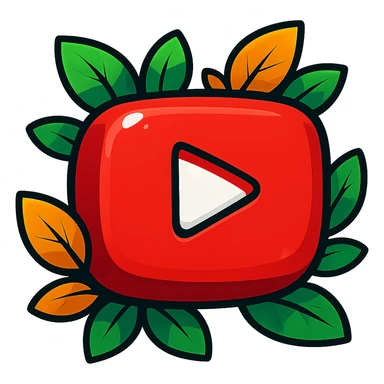 Super chunky, soft YouTube logo in vibrant toon style with thick outline, dramatic solid shadows, shiny graphic highlights, surrounded by vivid leaves, no background. Focus on contours, shadows, and glossy effects, matching the reference style, but keep everything flat and illustrated, not realistic. sticker