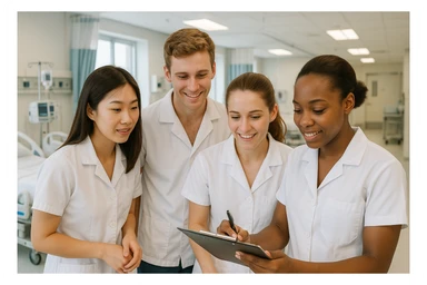 four nursing students working together, wearing short-sleeved white lab coats, no undershirts or stethoscopes, hospital background sticker