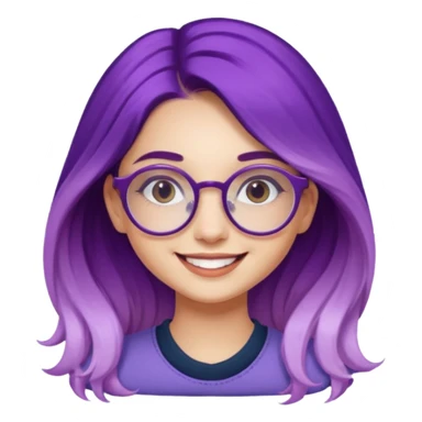 young girl, long purple ombre hair, retro round glasses, influencer, smiling, trend leader sticker