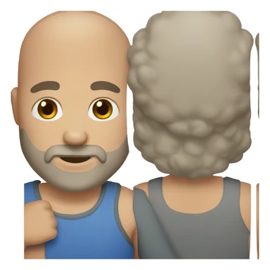 Man with a half bald head, brown curly hair and a beard sticker