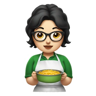 chubby lady with black hair green apron  with glasses cooking  sticker