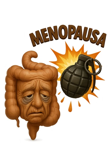 EMOJI STILE IPHONE 3D DI INTESTINO ANZIANO CON RUGHE SFINITO CON ESPRESSIONE STANCA, ACCANTO A LUI SCOPPIA UNA GRANATA 3D CON LA SCRITTA "MENOPAUSA" SOPRA sticker