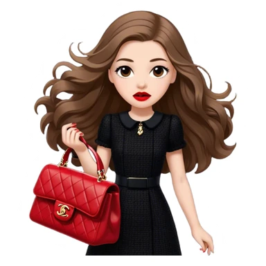White girl with brown long hair dressed up in black chanel tweed dress carrying a red chanel bag and wearing red lipstick. Close up shot with wind blowing her hair looking fancy sticker
