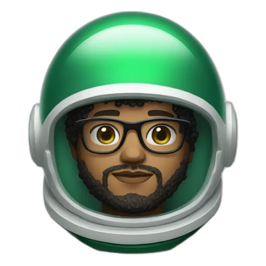Light skin Man with black short curly hear and beard and black glasses wearing a green and white astronaut suit and helmet sticker