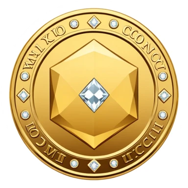 Create a high-quality 3D render of a shiny yellow/gold coin. In the center of the coin, place a diamond-shaped logo (“wajik”). Around the logo, engrave the text “Rusoconnect Network” in a circular layout. sticker